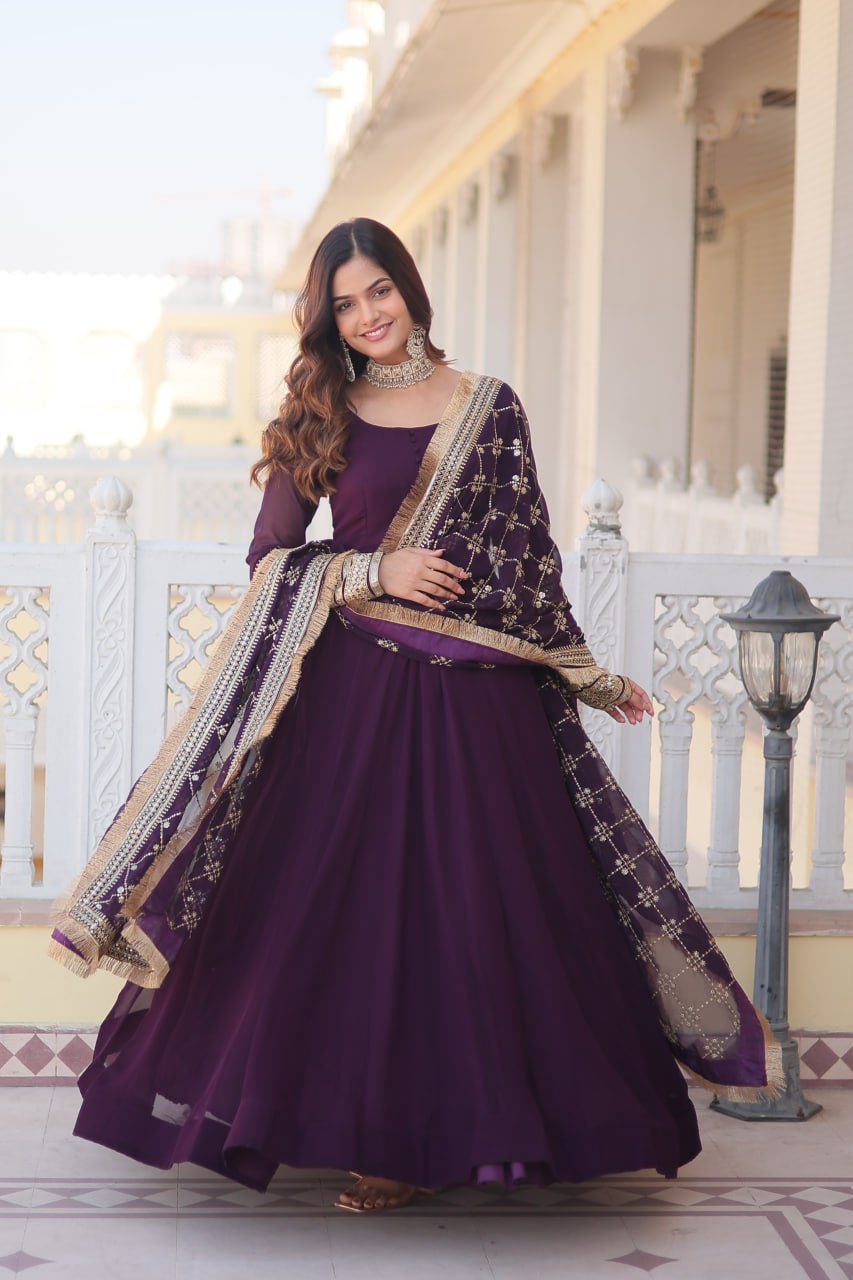 Eloriya Waine Colour Readymade Alia Cut Gown With Dupatta Set-Kka-1070 | Eloriya India