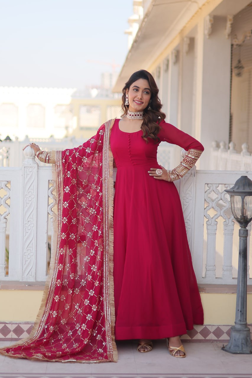 Eloriya Pink Colour Readymade Alia Cut Gown With Dupatta Set-Kka-1070 - 3XL [46] | Eloriya India