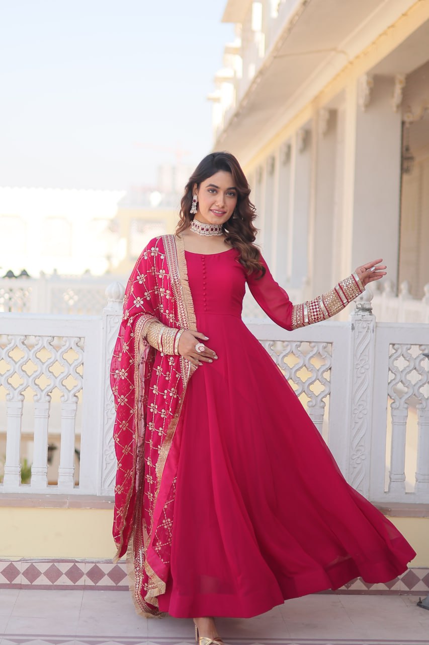Eloriya Pink Colour Readymade Alia Cut Gown With Dupatta Set-Kka-1070 - M(38'') | Eloriya India