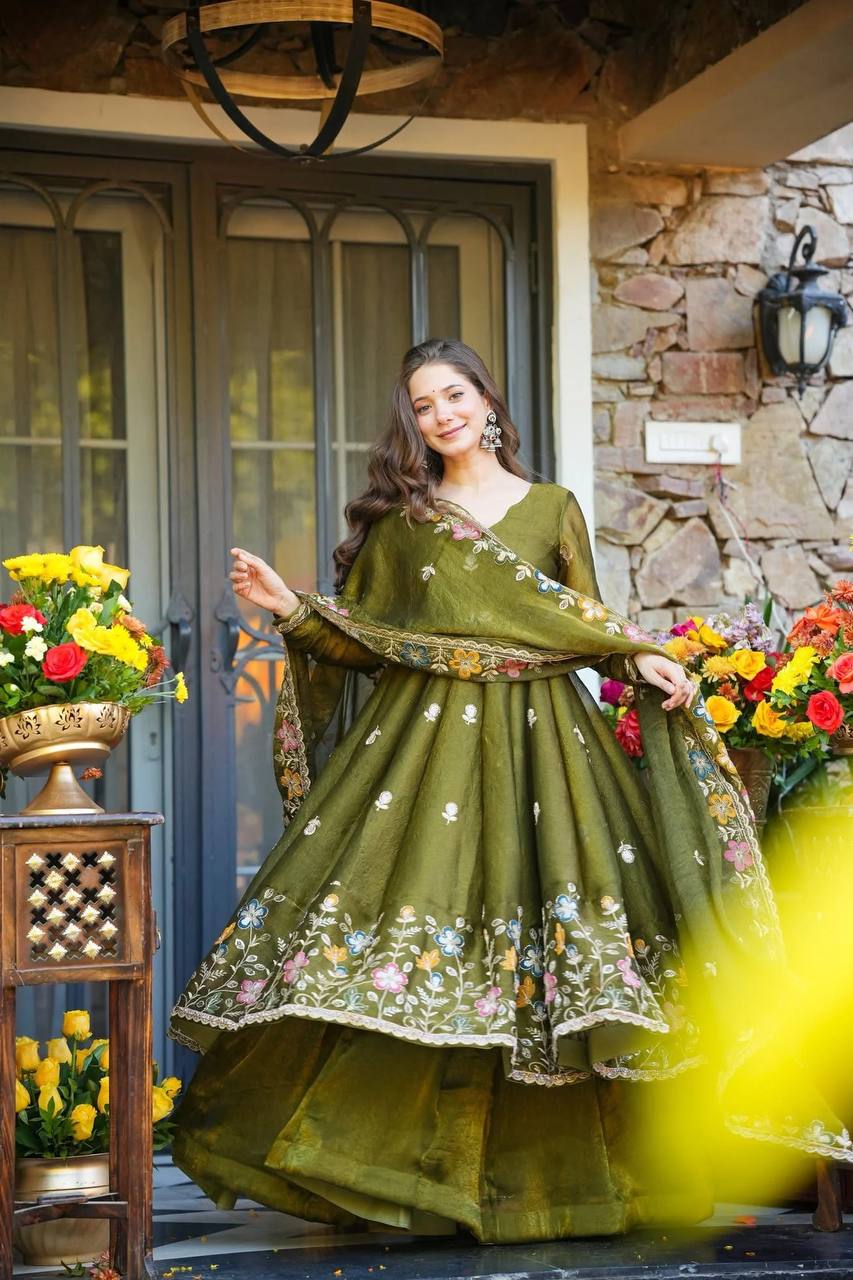 Eloriya Ishva Floral Crunchy Silk Anarkali Premium Suit Set - M [38] | Eloriya India
