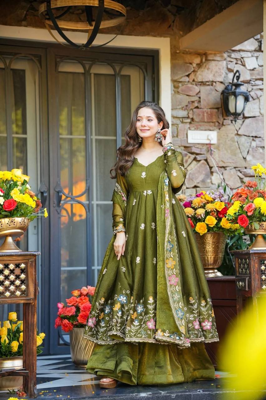 Eloriya Ishva Floral Crunchy Silk Anarkali Premium Suit Set - XS [34] | Eloriya India