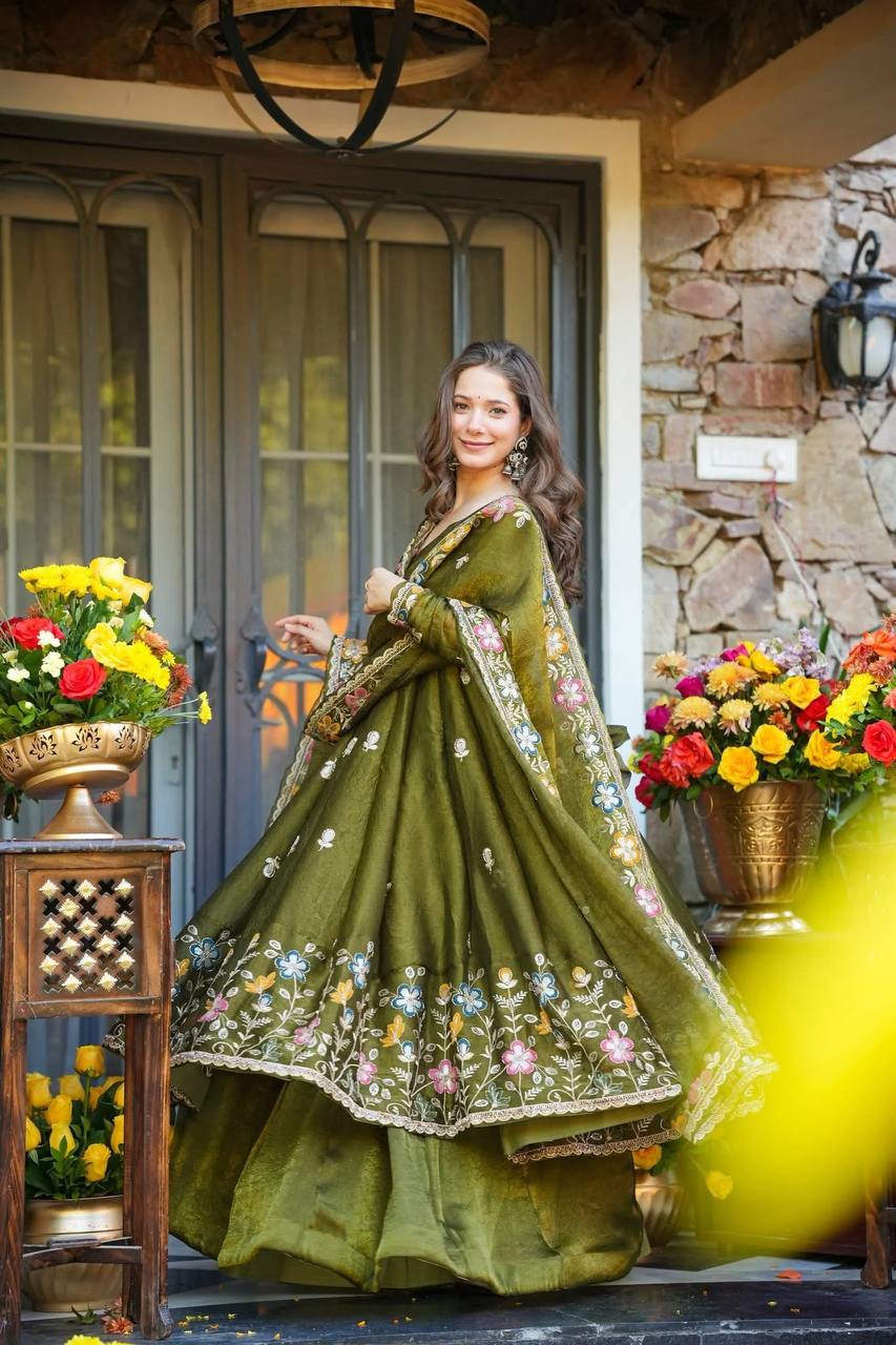 Eloriya Ishva Floral Crunchy Silk Anarkali Premium Suit Set - L [40] | Eloriya India