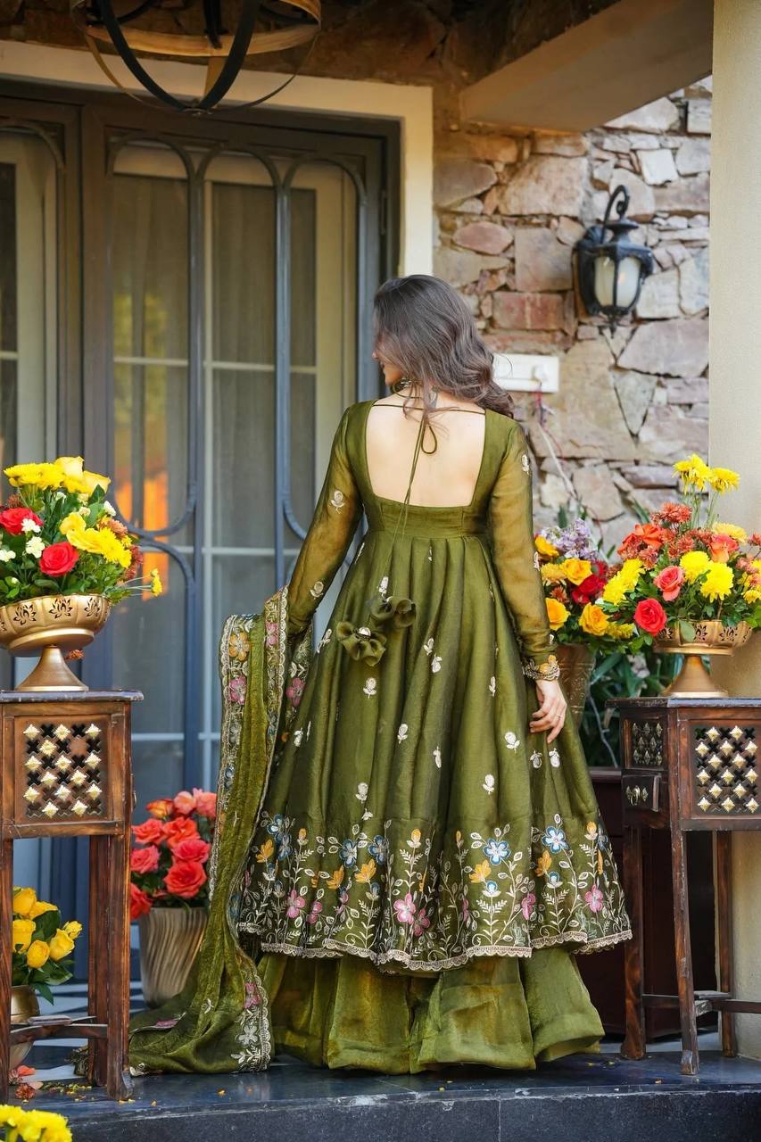 Eloriya Ishva Floral Crunchy Silk Anarkali Premium Suit Set - XL [42] | Eloriya India