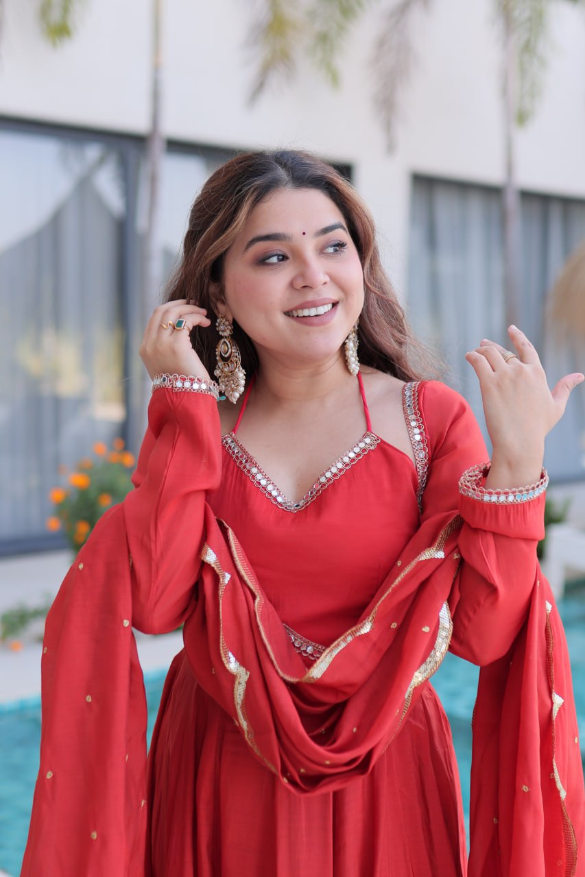 Eloriya Queen Look – Premium Red Anarkali Suit Set - 2XL [44] | Eloriya India