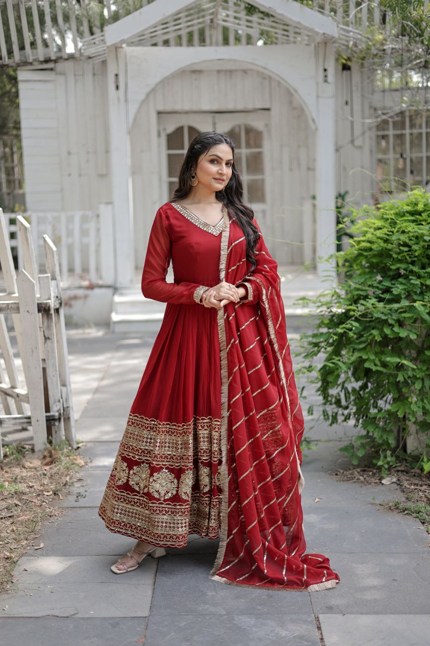 Eloriya Sandhiya Red Premium Quality Anarkali Suit Set - MEHROON | Eloriya India