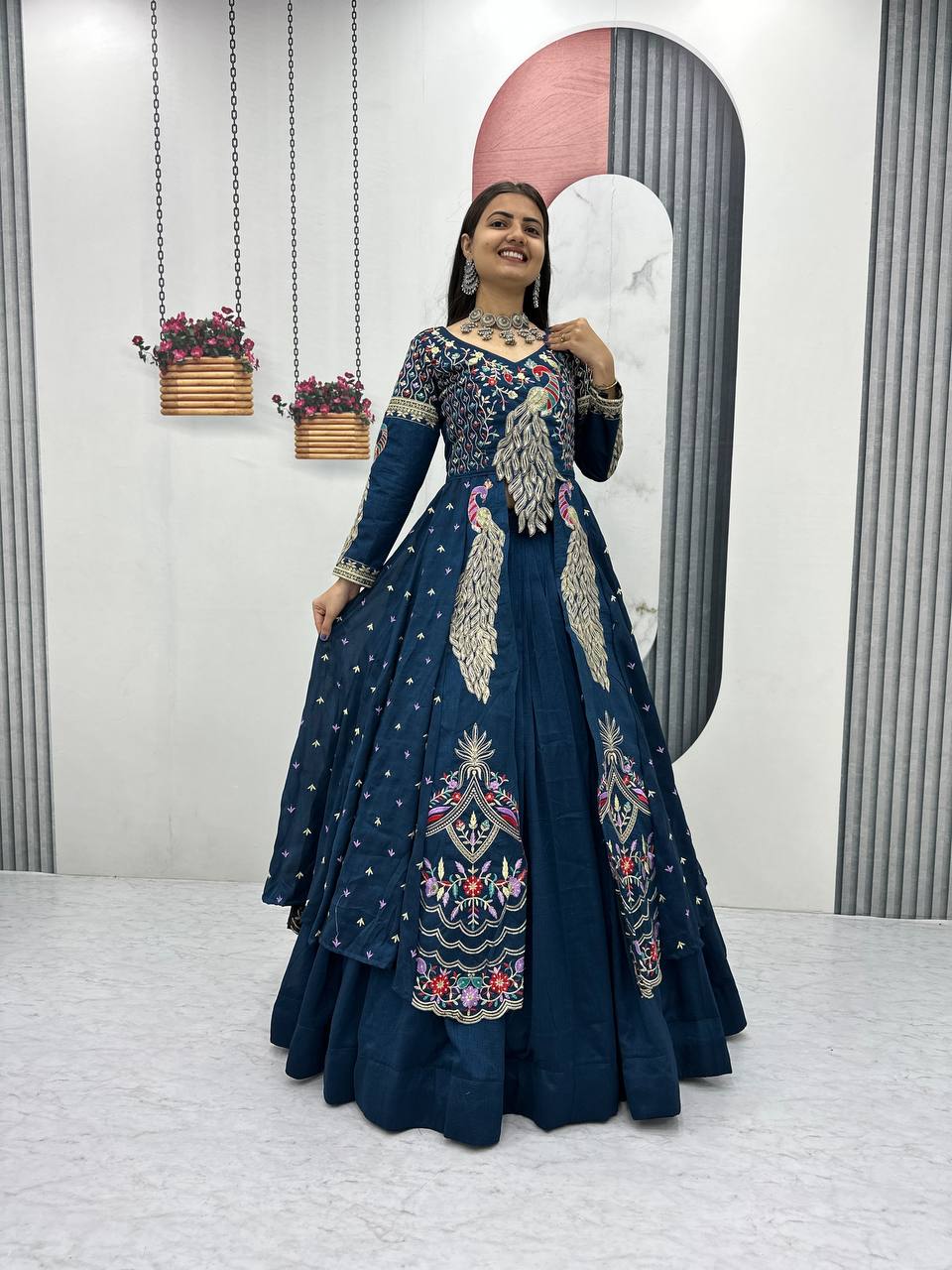 Eloriya Premium Quality Heavy Traditional Crop Top With Shrug With Color - Rama | Eloriya India