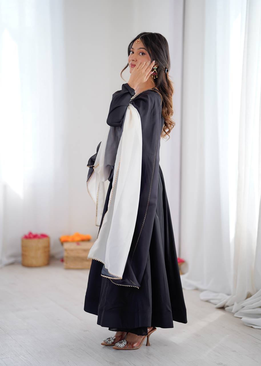 Eloriya Premium Black Embroidered French Crepe Anarkali Suitset - XL [42] | Eloriya India