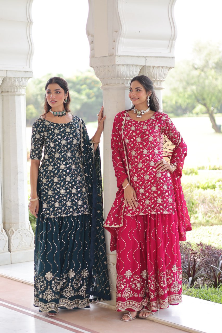 Eloriya Premium Embroidered Sharara Suit - Pink | Eloriya India