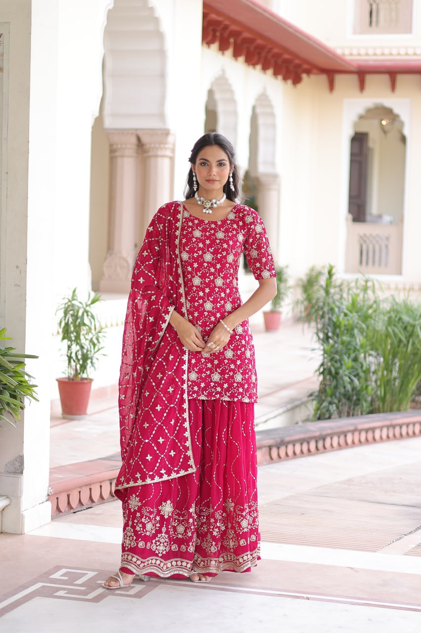 Eloriya Premium Embroidered Sharara Suit - Pink | Eloriya India