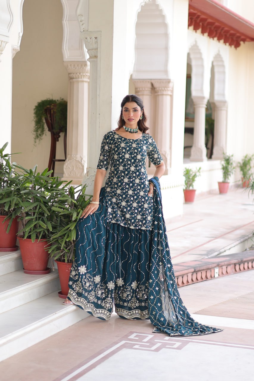 Eloriya Premium Embroidered Sharara Suit - Deep Teal Green | Eloriya India