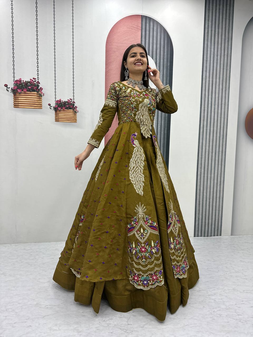 Eloriya Premium Quality Heavy Traditional Crop Top With Shrug With Color - Rama | Eloriya India