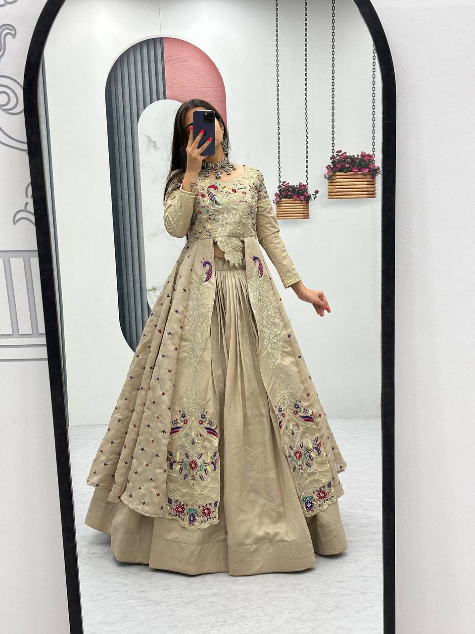 Eloriya Premium Quality Heavy Traditional Crop Top With Shrug With Color - MEHNDI GRREN | Eloriya India