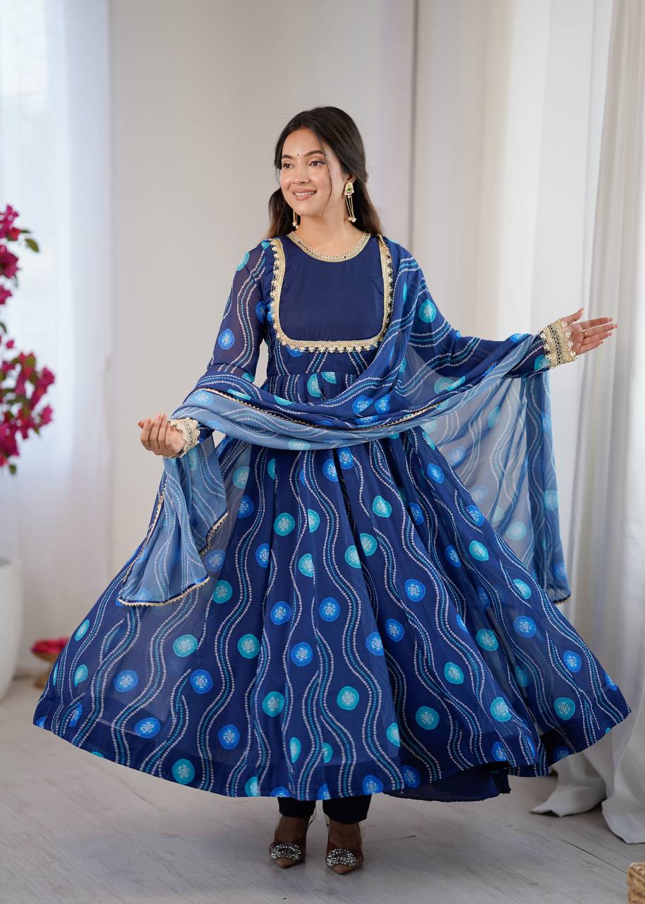 Eloriya Navy Blue Elegant Bandhani Print Anarkali Suit Set - S [36] | Eloriya India