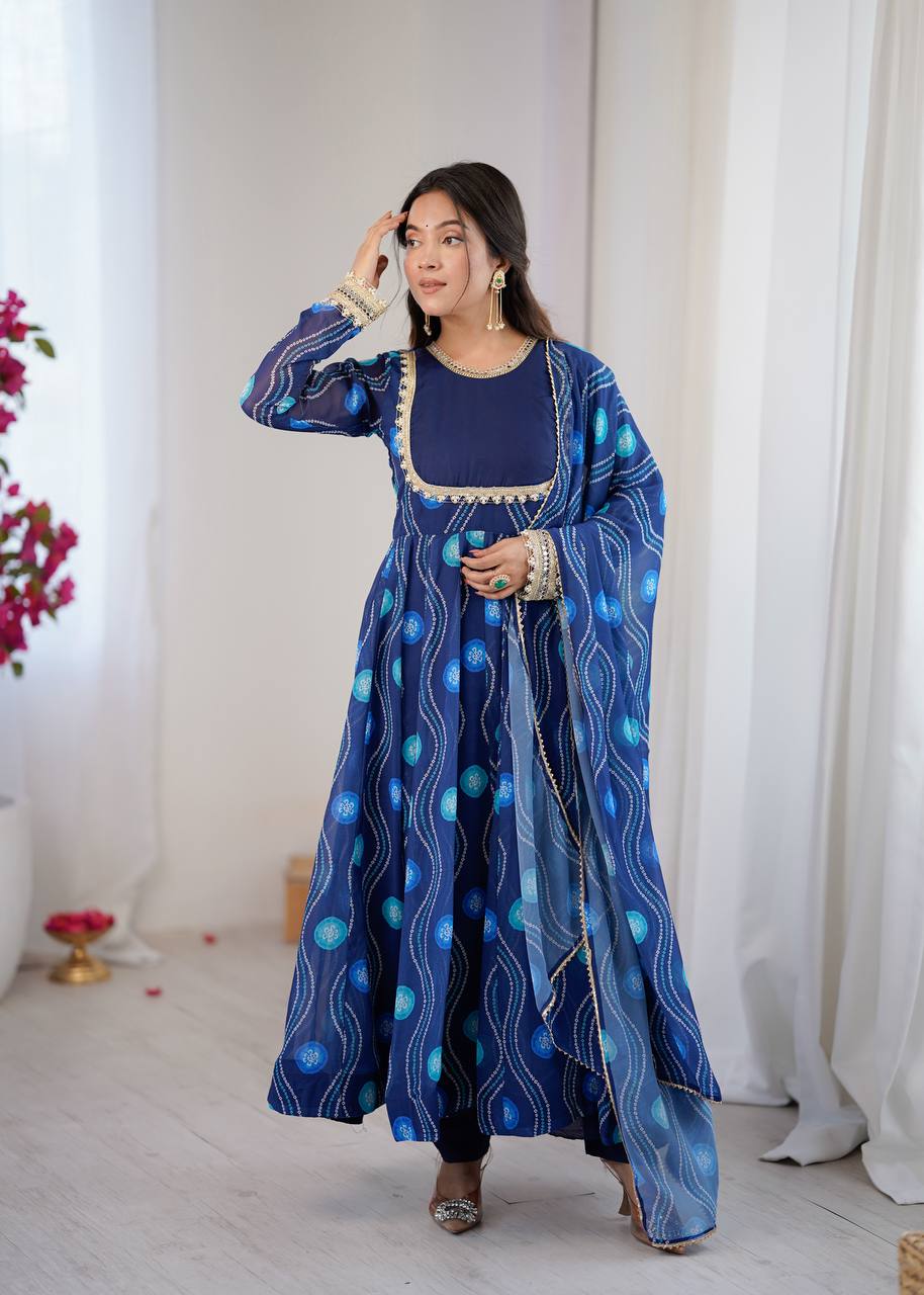 Eloriya Navy Blue Elegant Bandhani Print Anarkali Suit Set | Eloriya India