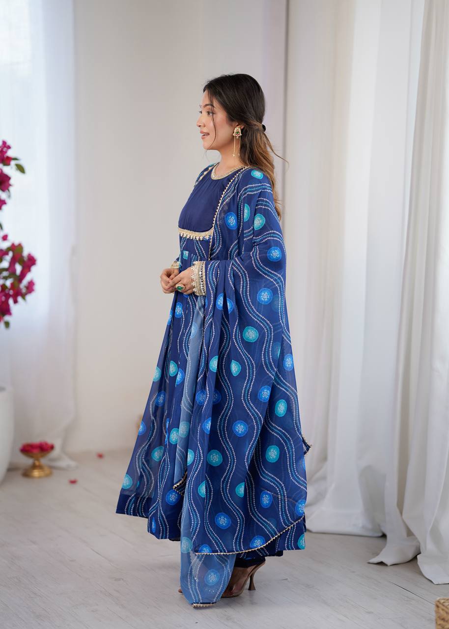 Eloriya Navy Blue Elegant Bandhani Print Anarkali Suit Set | Eloriya India