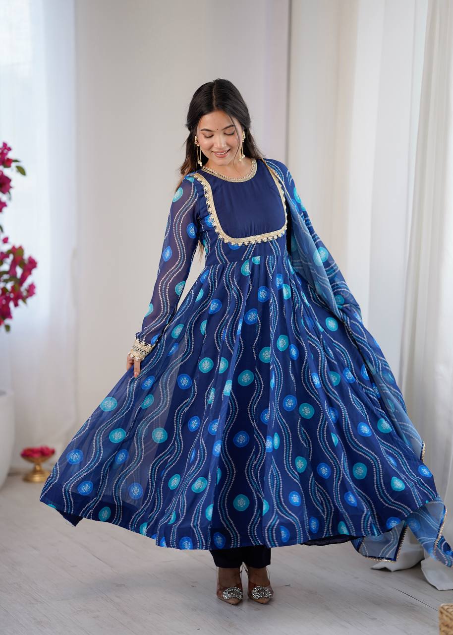 Eloriya Navy Blue Elegant Bandhani Print Anarkali Suit Set - L [40] | Eloriya India