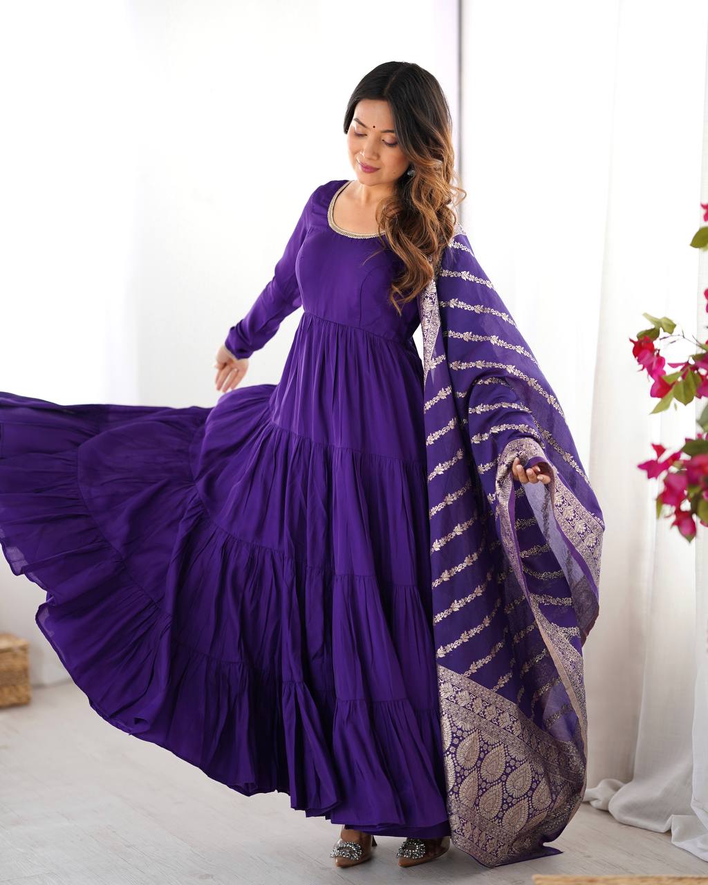 Eloriya Royal Roman Silk Fully Flared Anarkali Suit Set - XS [34] | Eloriya India
