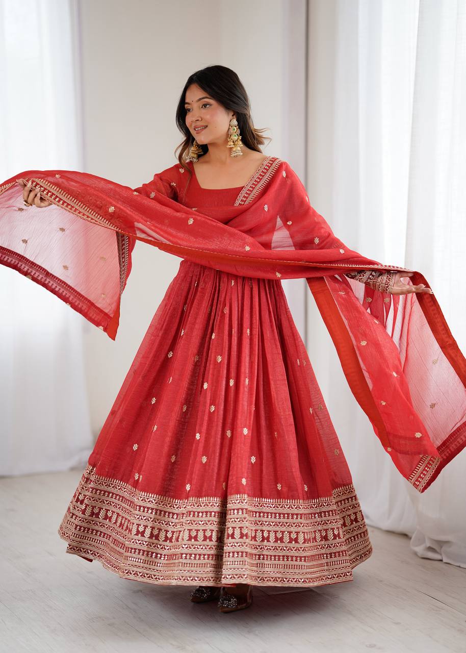 Eloriya Ruhani Red Premium Quality Anarkali Suit Set - XL-[42] | Eloriya India
