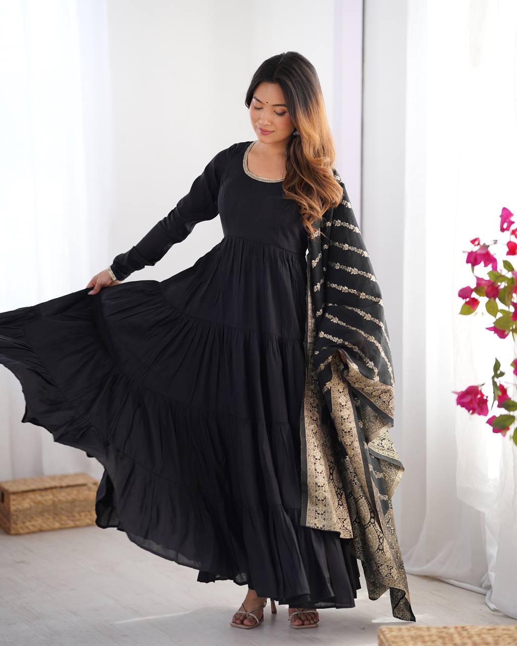 Eloriya Royal Roman Silk Fully Flared Anarkali Suit Set - XS [34] | Eloriya India