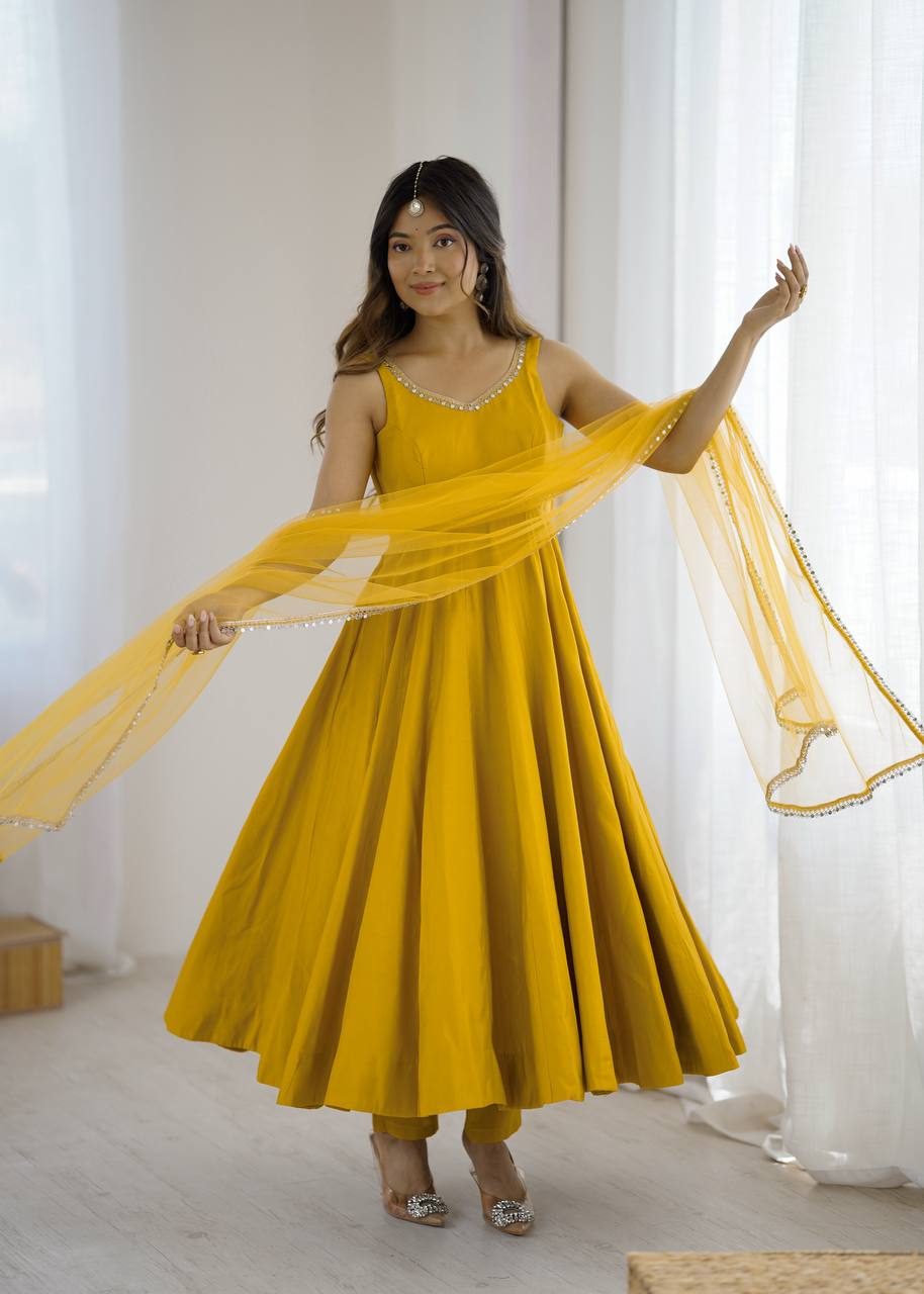 Eloriya Kishika Yellow Color Anarkali Suit Set [Sleeves Fabric Attached] - S [36] | Eloriya India