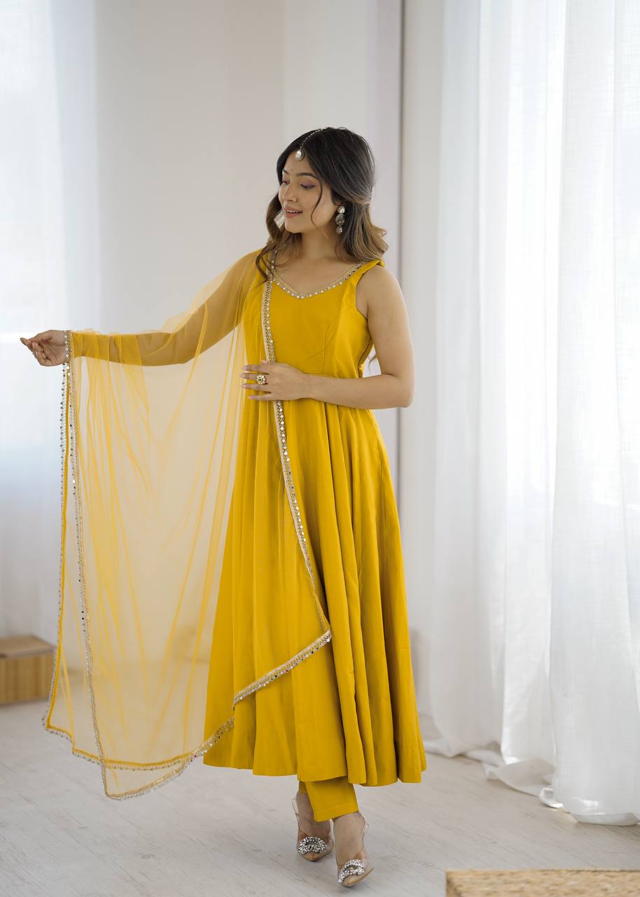 Eloriya Kishika Yellow Color Anarkali Suit Set [Sleeves Fabric Attached] - XL [42] | Eloriya India