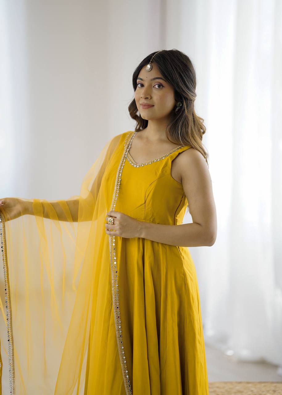 Eloriya Kishika Yellow Color Anarkali Suit Set [Sleeves Fabric Attached] | Eloriya India