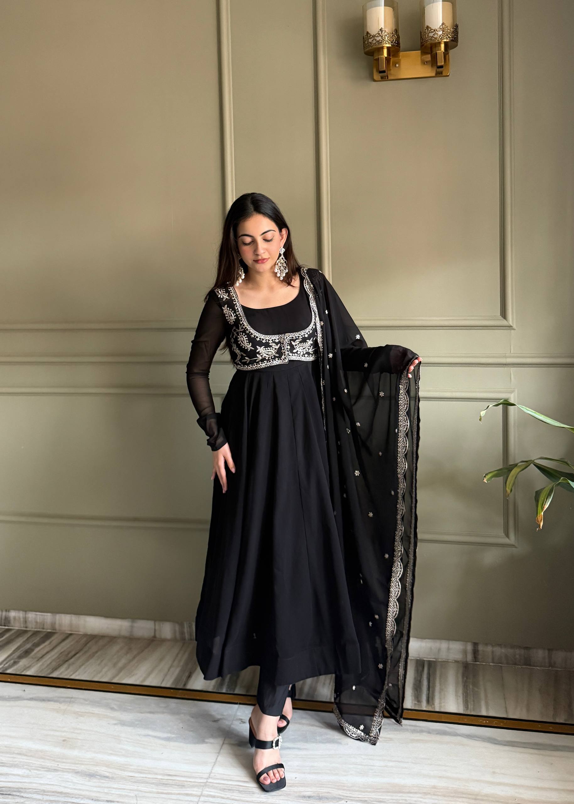 Eloriya Noor Black Heavy Embroidered Koti Designer Anarkali Set - XS [34] | Eloriya India
