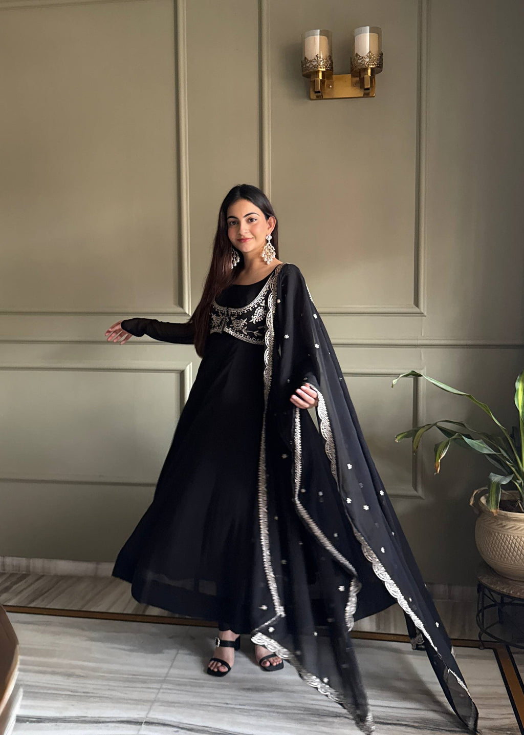 Eloriya Noor Black Heavy Embroidered Koti Designer Anarkali Set - L [40] | Eloriya India