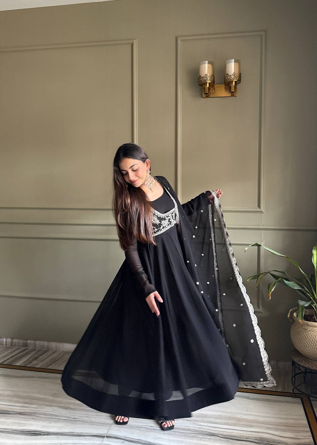 Eloriya Noor Black Heavy Embroidered Koti Designer Anarkali Set - S [36] | Eloriya India