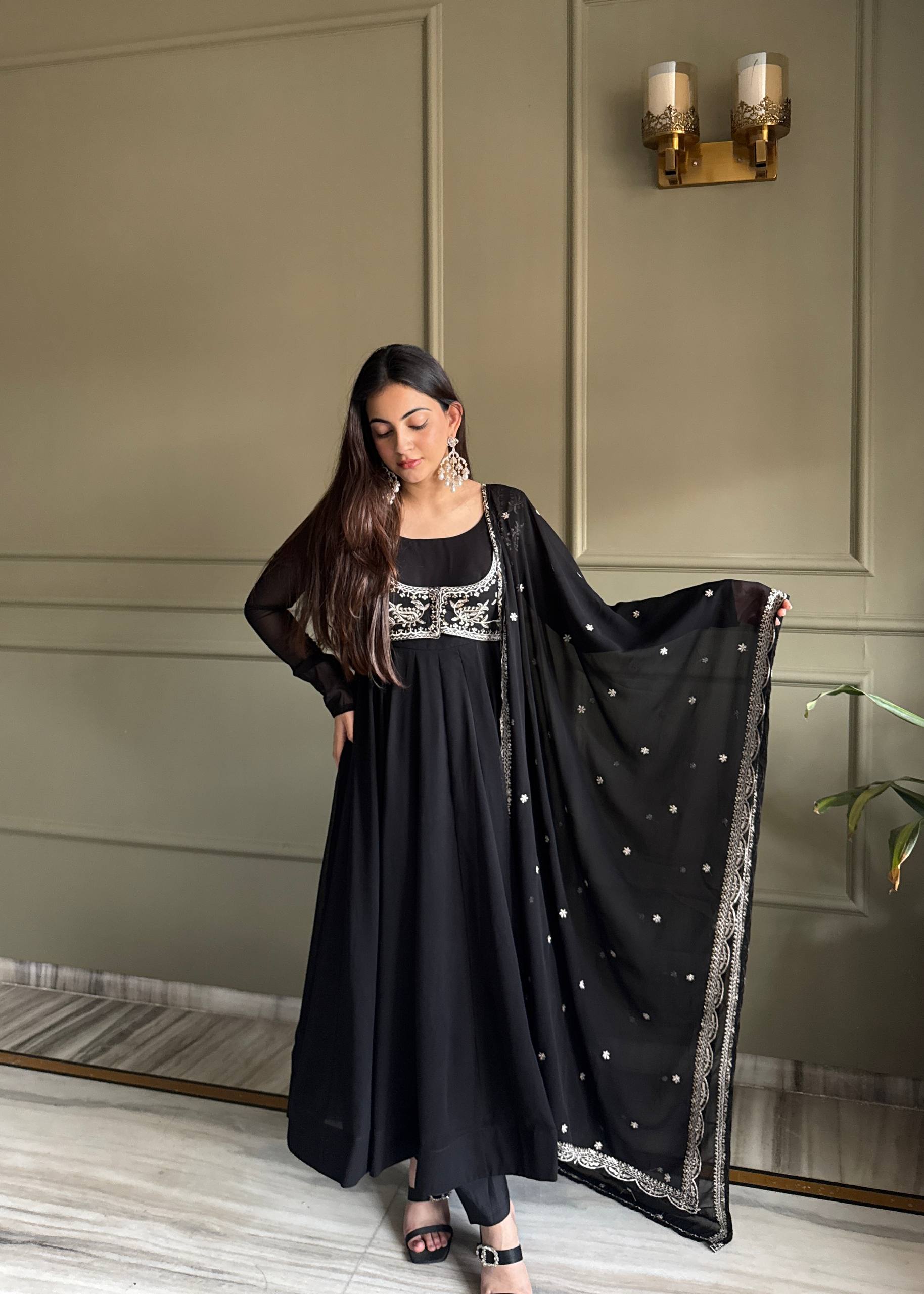 Eloriya Noor Black Heavy Embroidered Koti Designer Anarkali Set - XL [42] | Eloriya India