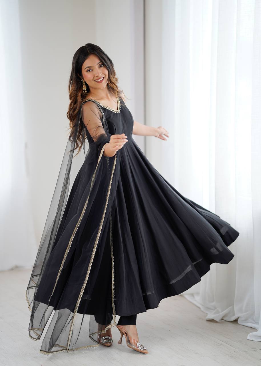 Eloriya Kiyara Black Color Anarkali Suit Set [Sleeves Fabric Attached] - S [36] | Eloriya India