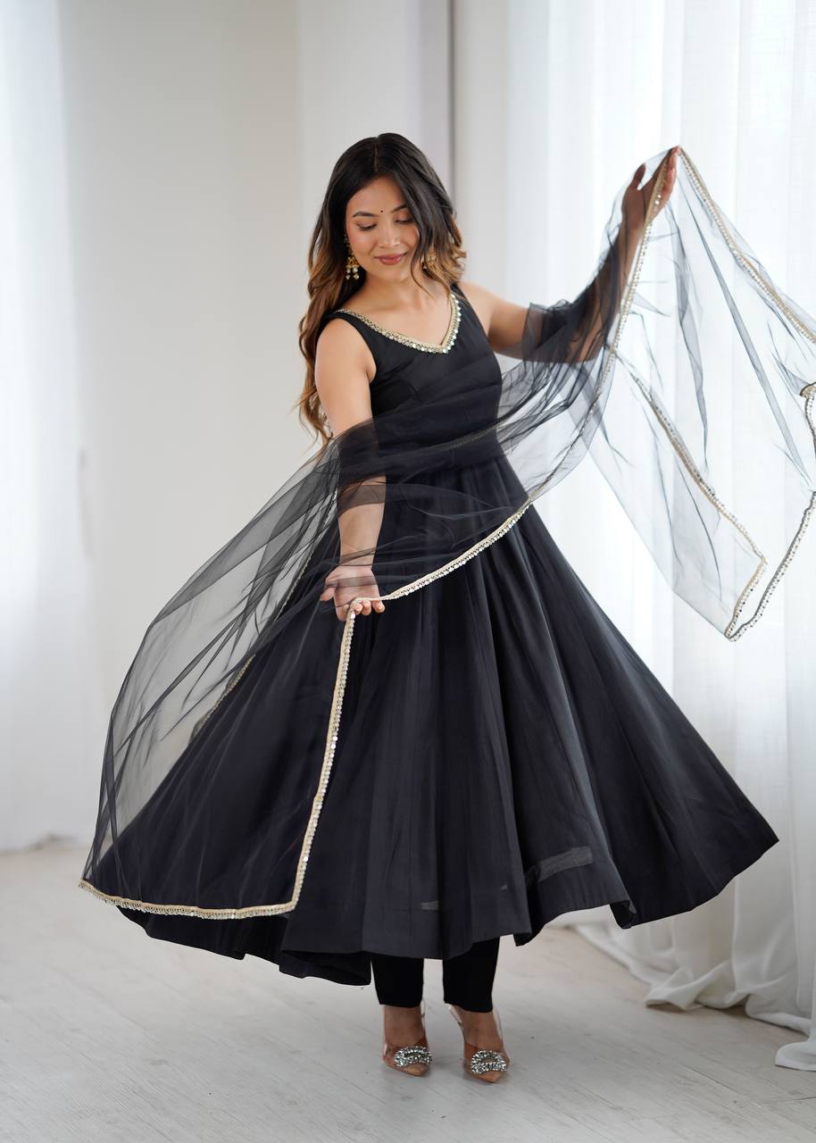 Eloriya Kiyara Black Color Anarkali Suit Set [Sleeves Fabric Attached] - XS [34] | Eloriya India