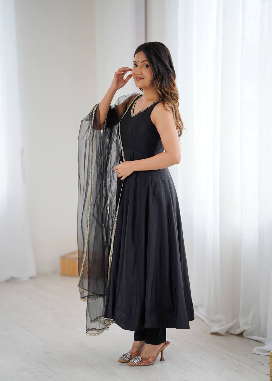 Eloriya Kiyara Black Color Anarkali Suit Set [Sleeves Fabric Attached] | Eloriya India