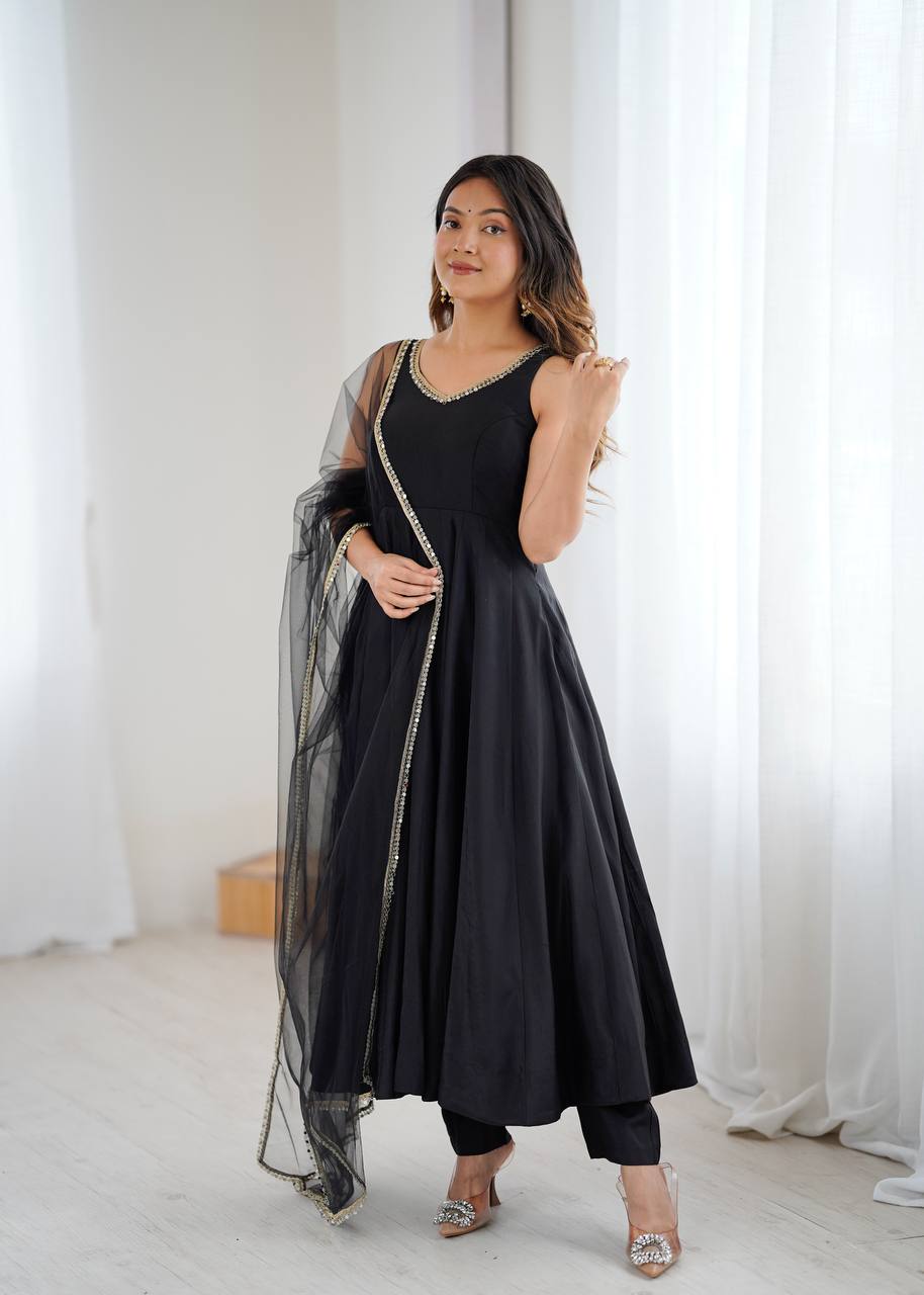 Eloriya Kiyara Black Color Anarkali Suit Set [Sleeves Fabric Attached] - 2XL [44] | Eloriya India