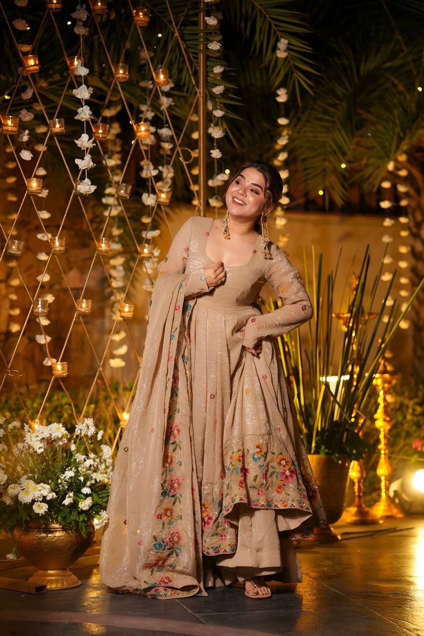 Eloriya Beige Shades Crunchy Silk Anarkali Palazzo Suit Set - Beige | Eloriya India