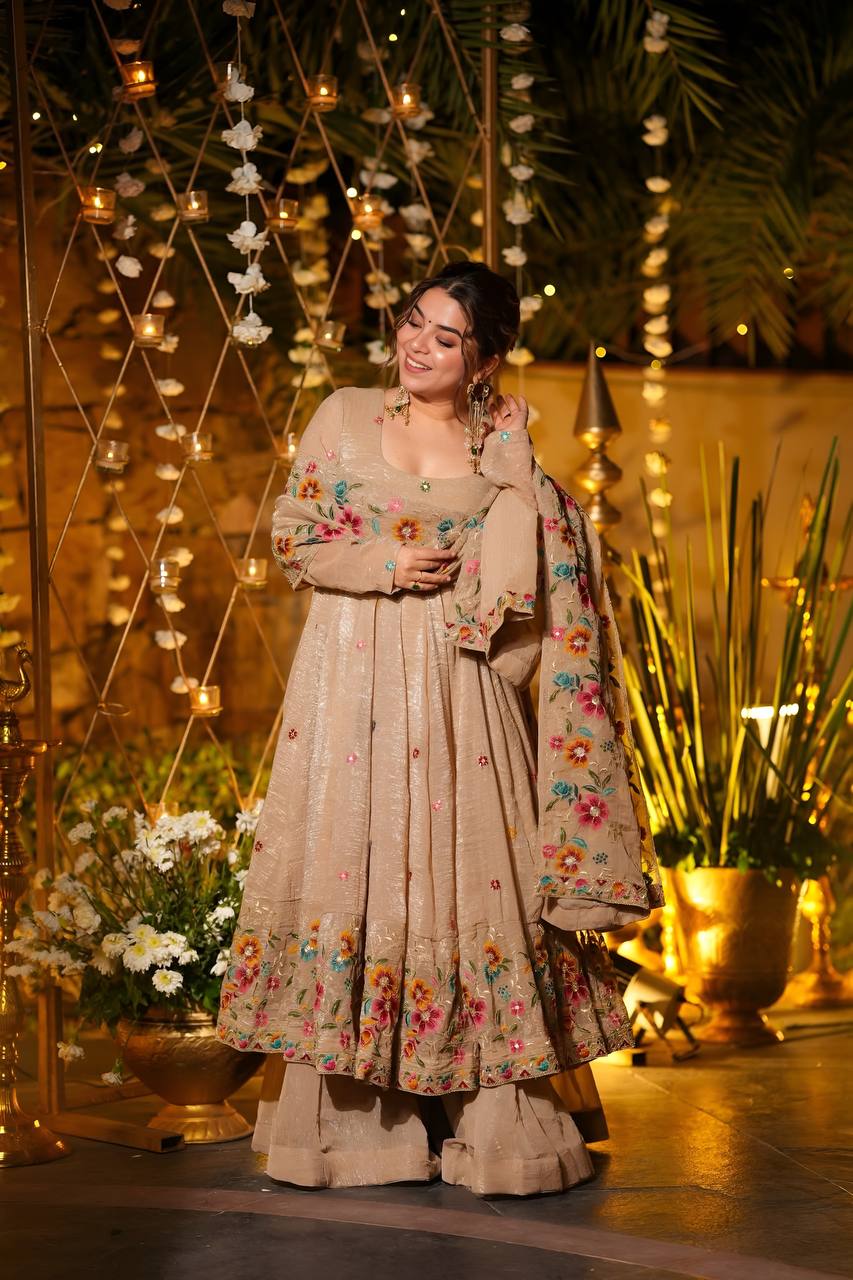 Eloriya Beige Shades Crunchy Silk Anarkali Palazzo Suit Set - Beige | Eloriya India