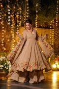 Eloriya Beige Shades Crunchy Silk Anarkali Palazzo Suit Set - Beige | Eloriya India