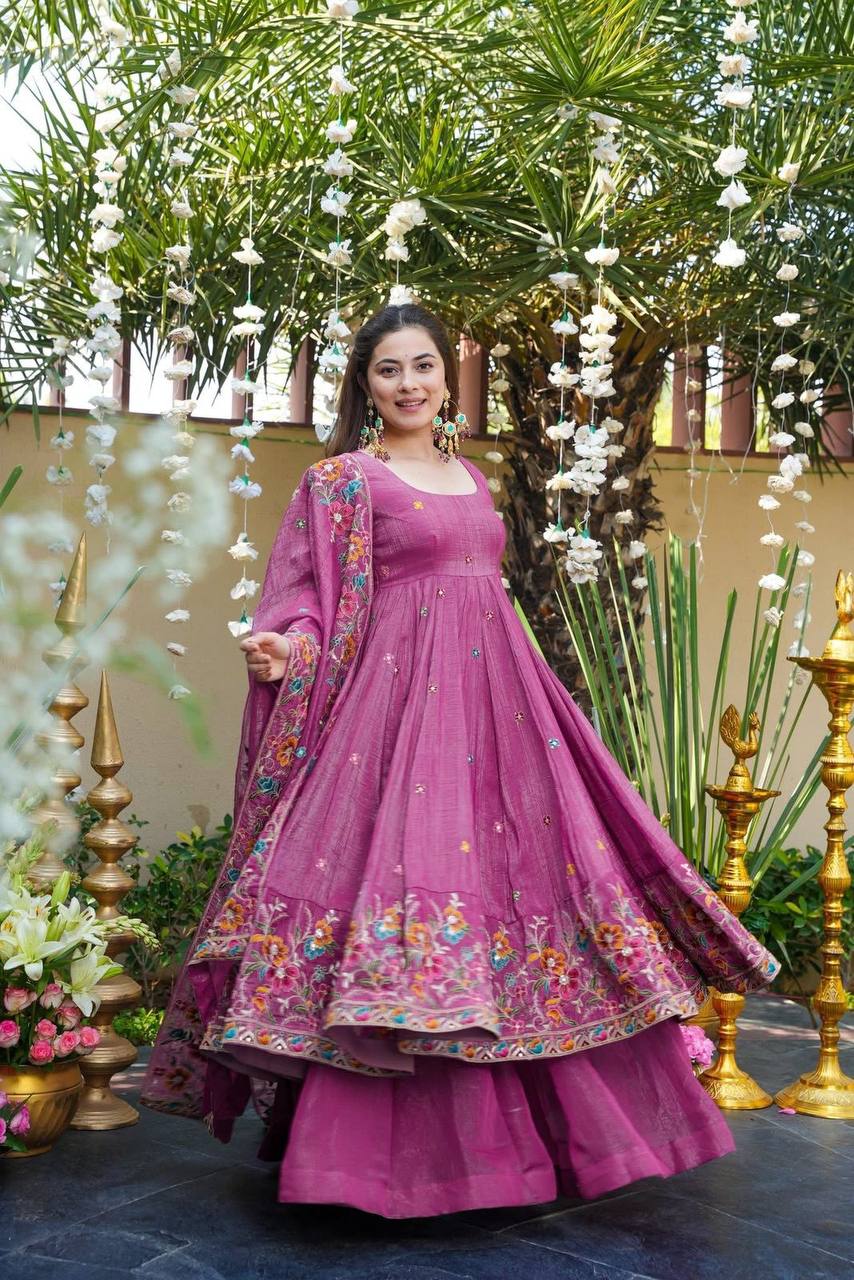 Eloriya Beige Shades Crunchy Silk Anarkali Palazzo Suit Set - Beige | Eloriya India