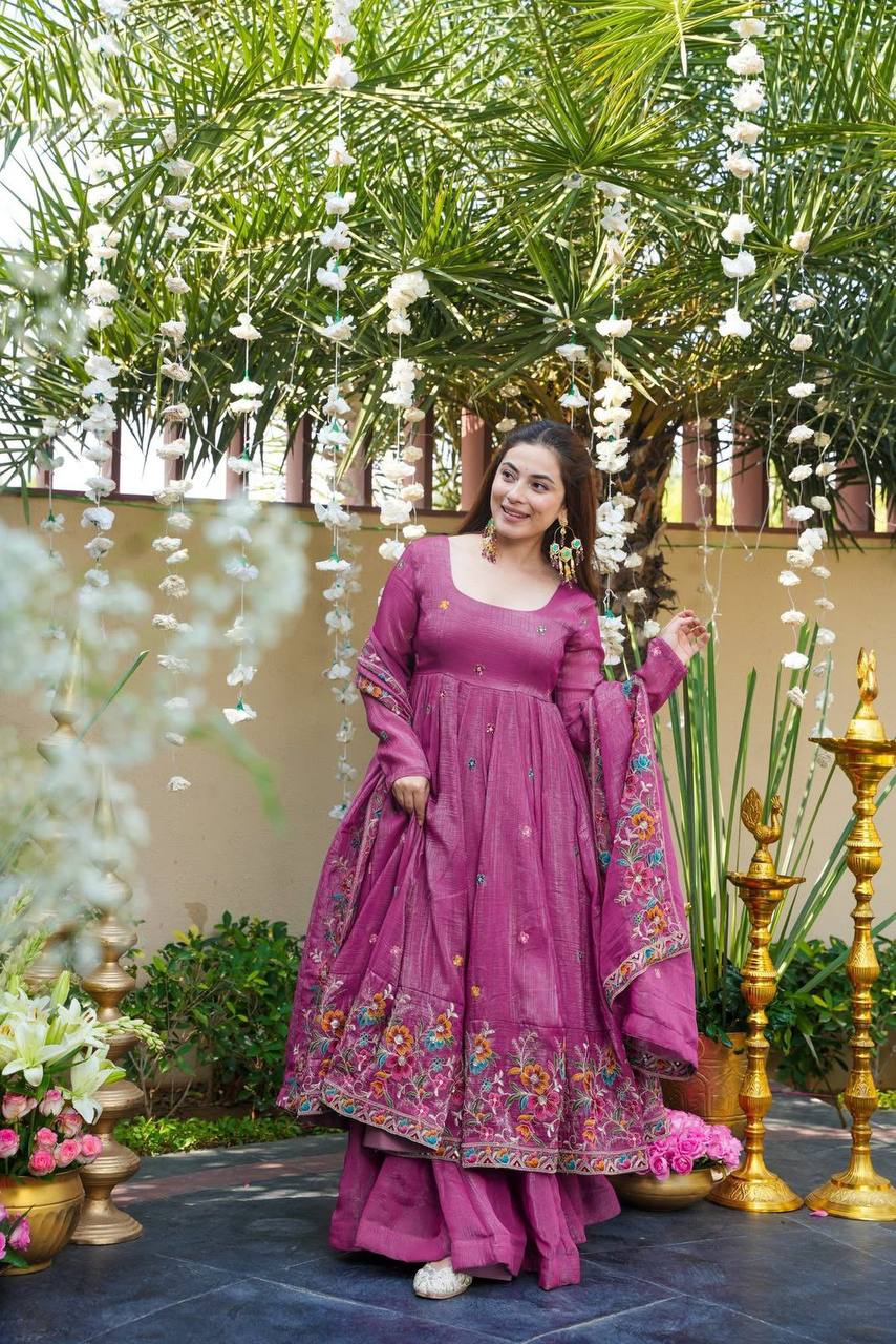 Eloriya Beige Shades Crunchy Silk Anarkali Palazzo Suit Set - Dusty pink | Eloriya India