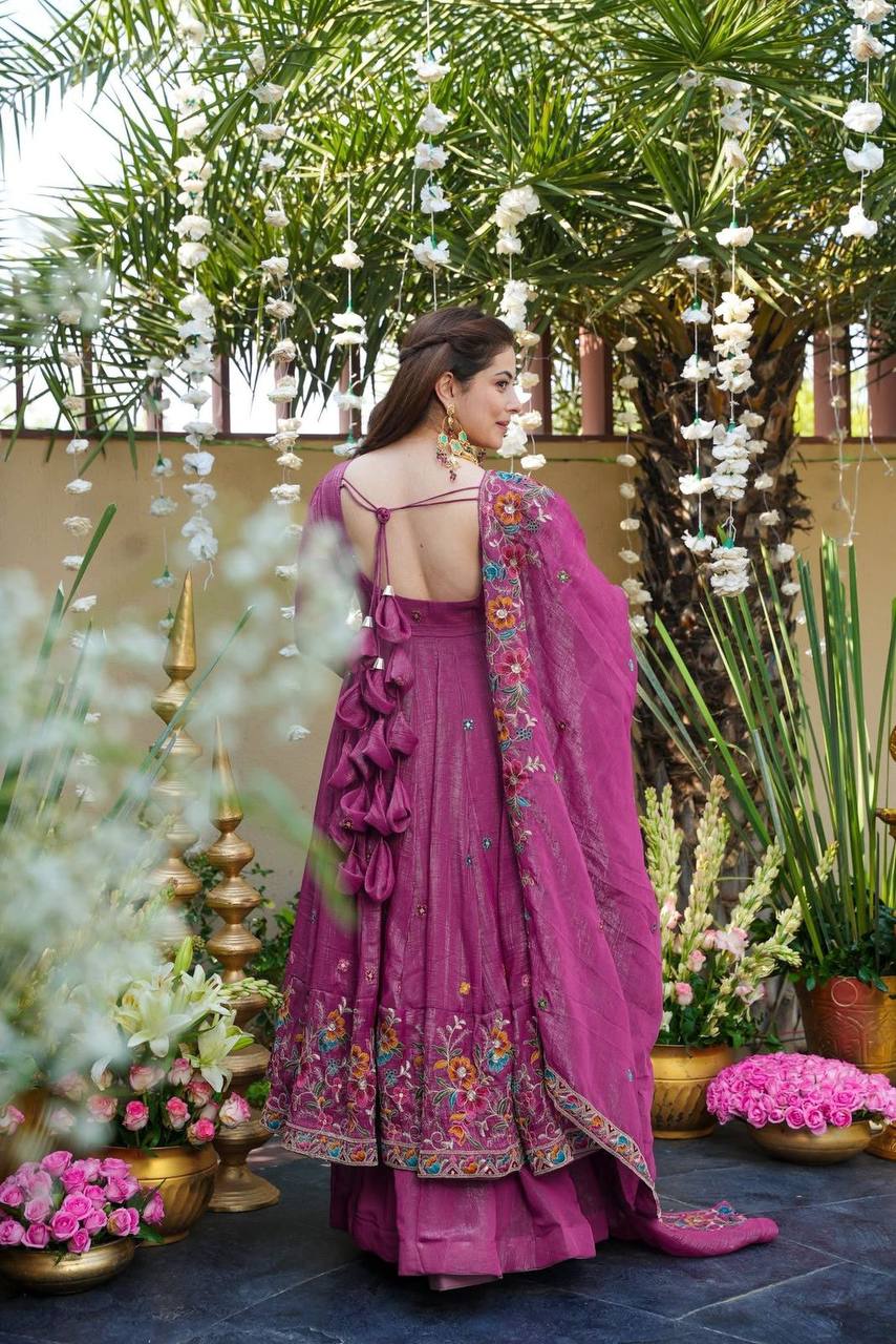Eloriya Beige Shades Crunchy Silk Anarkali Palazzo Suit Set - Dusty pink | Eloriya India