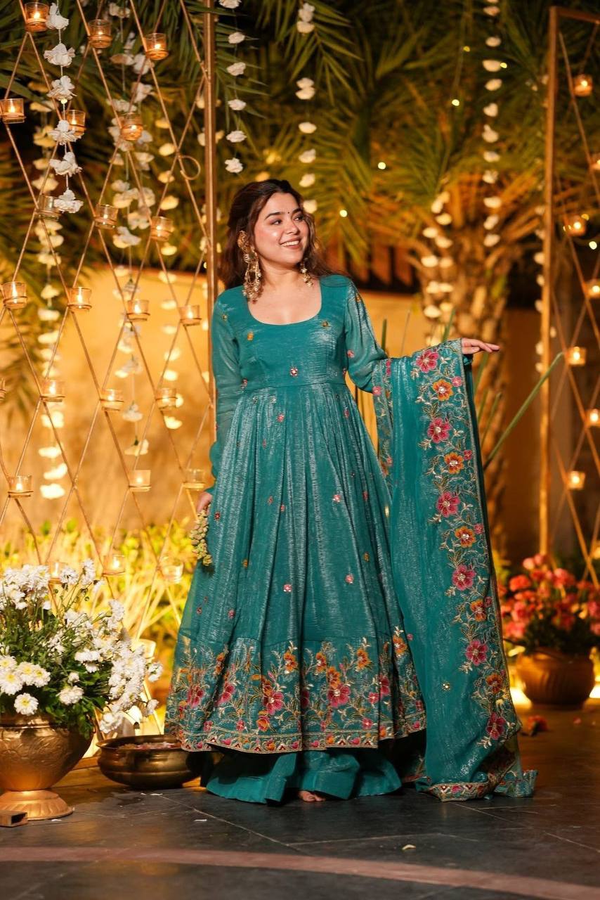 Eloriya Beige Shades Crunchy Silk Anarkali Palazzo Suit Set - Rama | Eloriya India