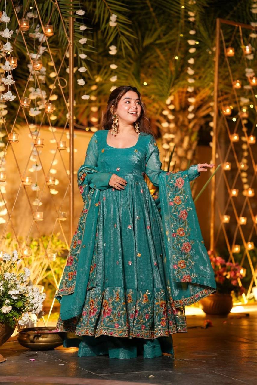 Eloriya Beige Shades Crunchy Silk Anarkali Palazzo Suit Set - Beige | Eloriya India