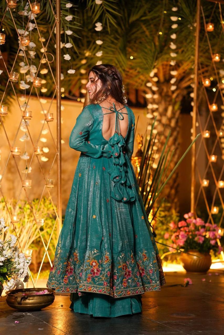Eloriya Beige Shades Crunchy Silk Anarkali Palazzo Suit Set - Rama | Eloriya India