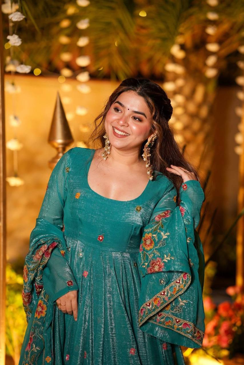 Eloriya Beige Shades Crunchy Silk Anarkali Palazzo Suit Set - Rama | Eloriya India