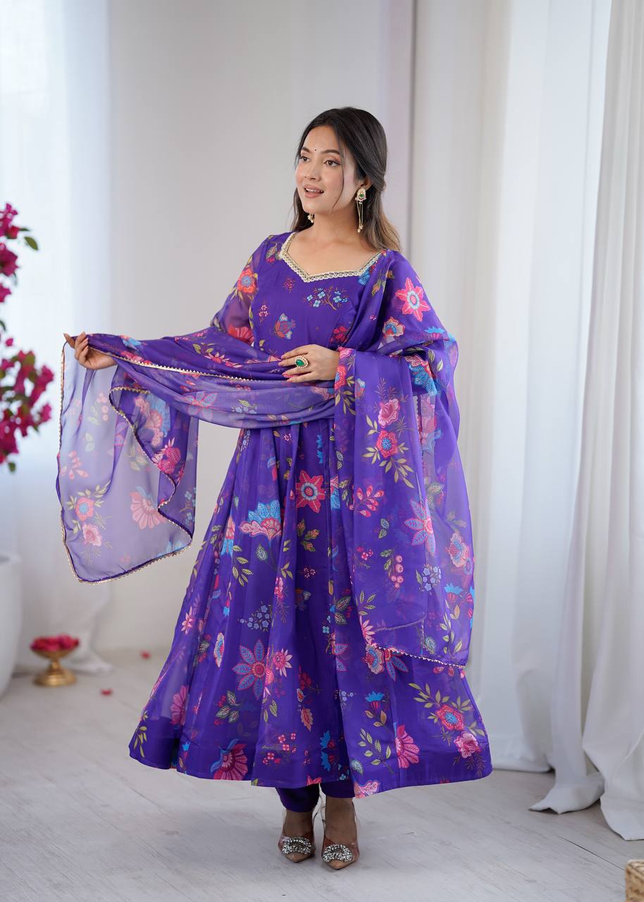 Eloriya Royal Purple Floral Organza Anarkali Set | Eloriya India