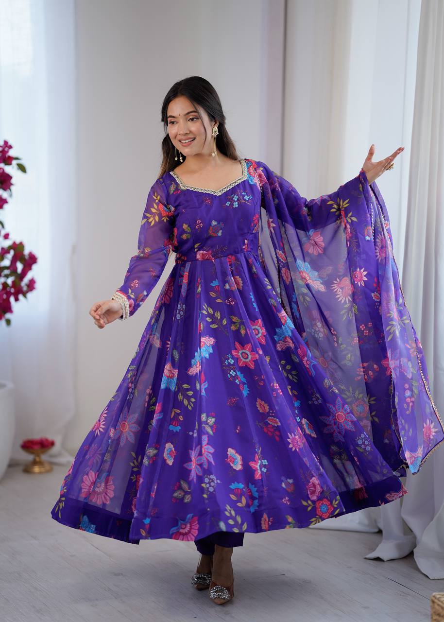 Eloriya Royal Purple Floral Organza Anarkali Set - S [36] | Eloriya India