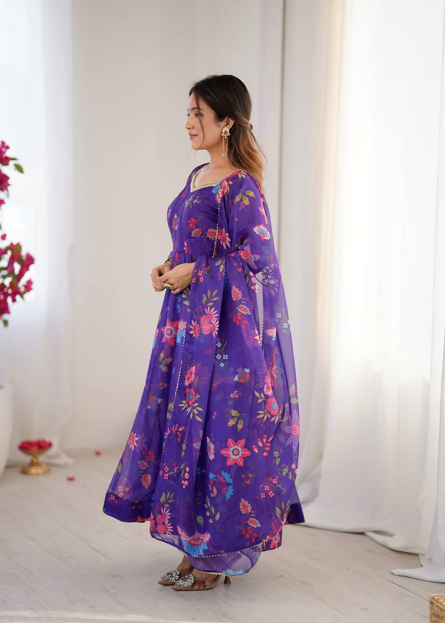 Eloriya Royal Purple Floral Organza Anarkali Set - 2XL [44] | Eloriya India