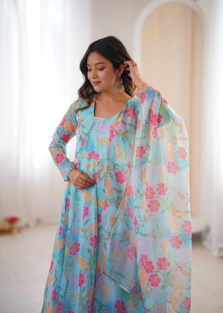 Eloriya Premium Sky Blue Floral Organza Anarkali Suit Set | Eloriya India