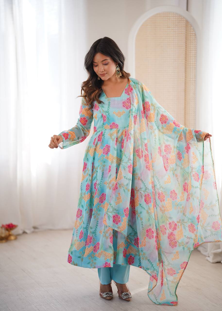 Eloriya Premium Sky Blue Floral Organza Anarkali Suit Set - M [38] | Eloriya India