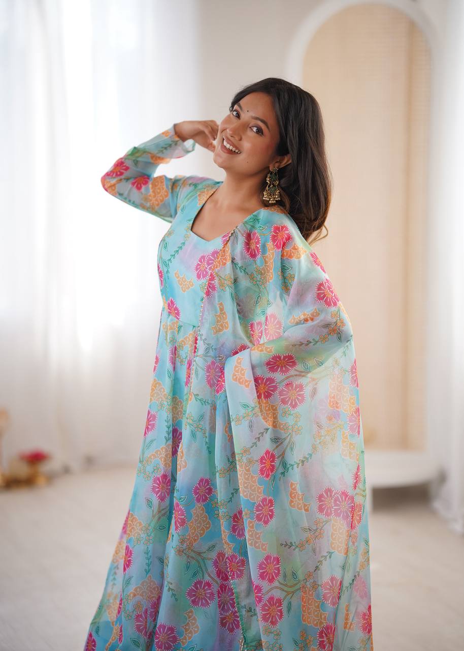 Eloriya Premium Sky Blue Floral Organza Anarkali Suit Set - L [40] | Eloriya India